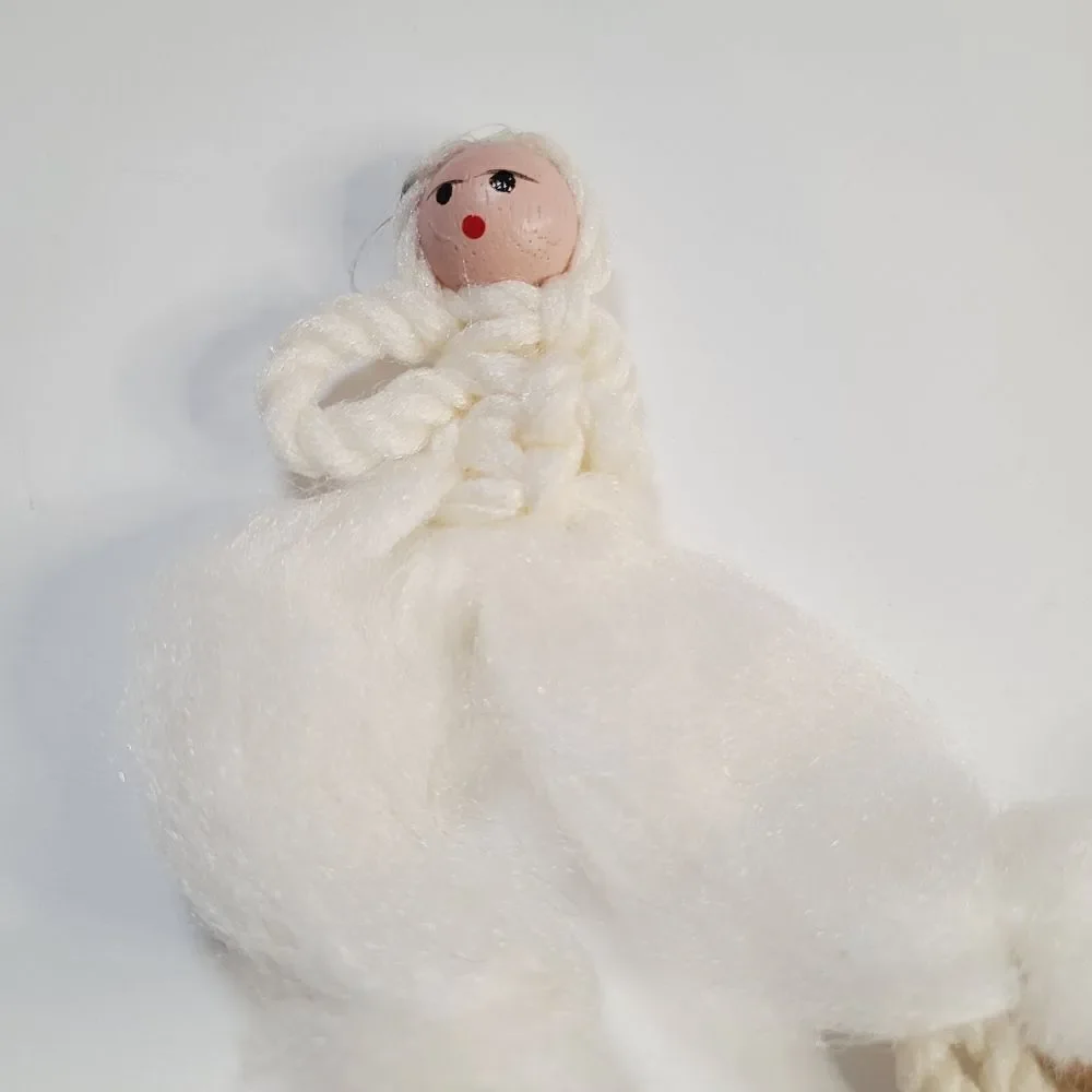 Vintage Macrame Wood Fluffy Angel Ornament Lot of 6